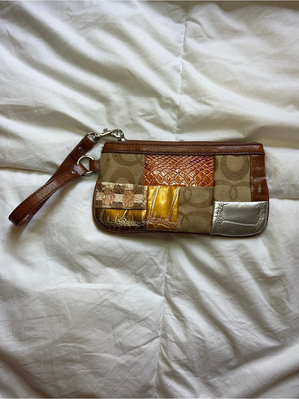 Coach Patchwork Signature Wristlet in Brown, Gold & Silver Y2K!👜✨